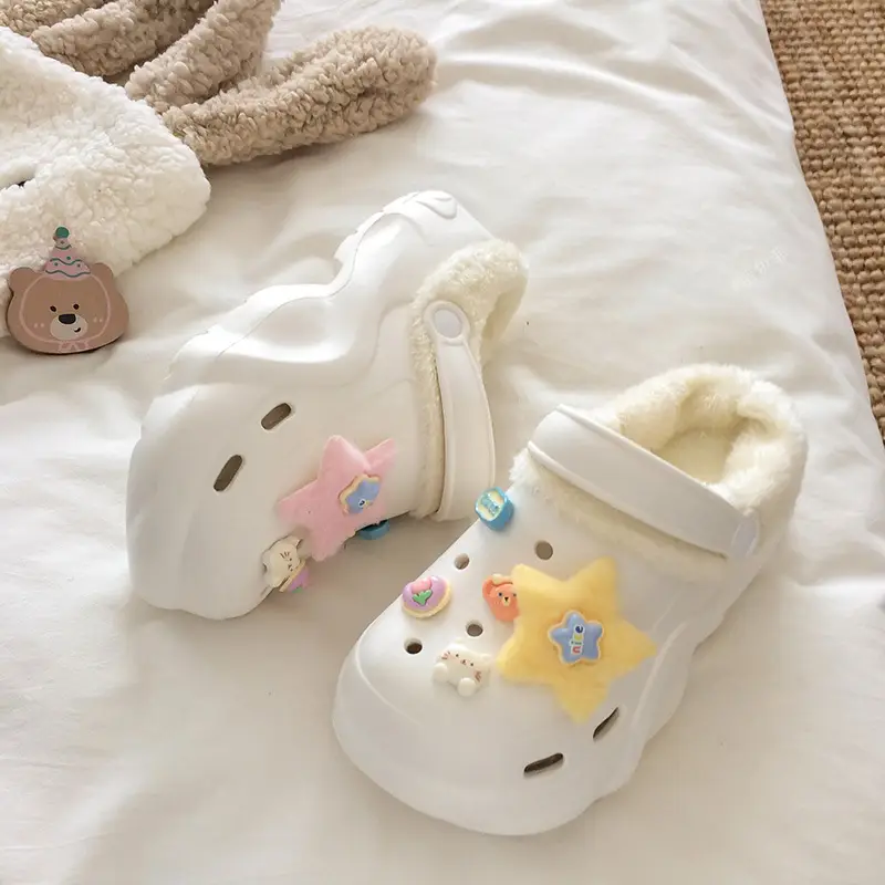 Croc Shoes Winter Fleece-Lined Removable Women's Autumn and Winter Girls' High Heels Cute Cross-Border Non-Slip Cotton Slippers Winter Fleece-Lined