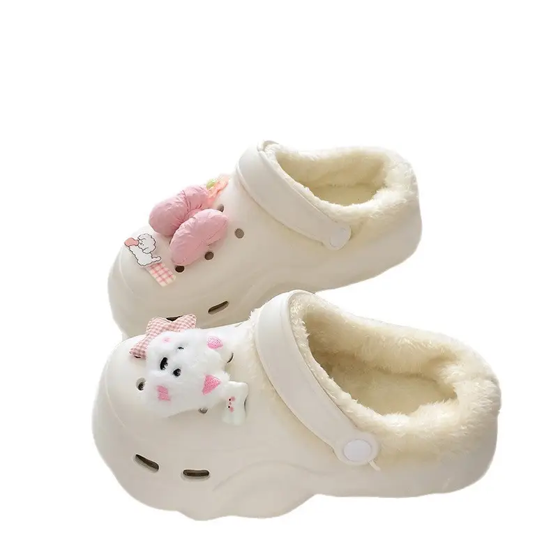 Croc Shoes Winter Fleece-Lined Removable Women's Autumn and Winter Girls' High Heels Cute Cross-Border Non-Slip Cotton Slippers Winter Fleece-Lined