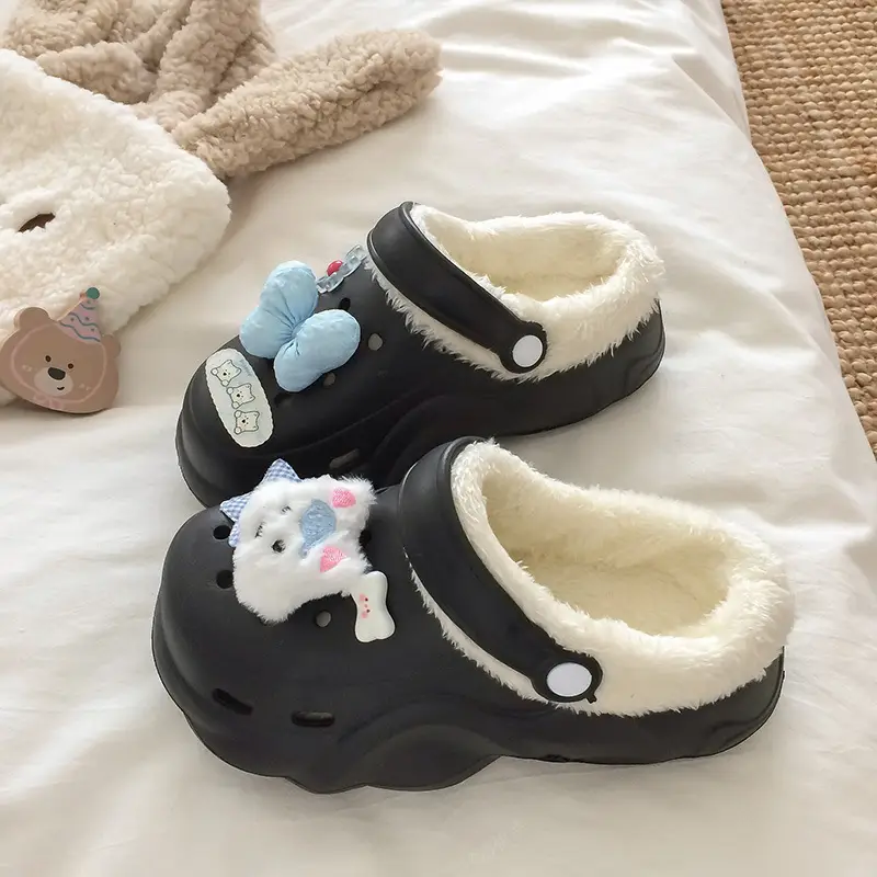 Croc Shoes Winter Fleece-Lined Removable Women's Autumn and Winter Girls' High Heels Cute Cross-Border Non-Slip Cotton Slippers Winter Fleece-Lined