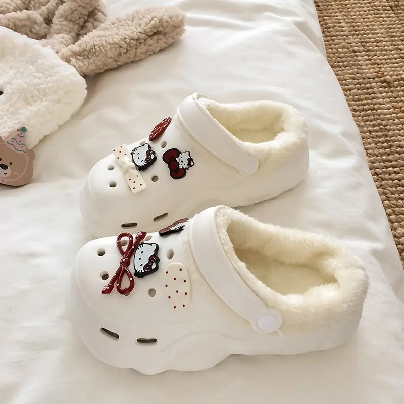 Croc Shoes Winter Fleece-Lined Removable Women's Autumn and Winter Girls' High Heels Cute Cross-Border Non-Slip Cotton Slippers Winter Fleece-Lined