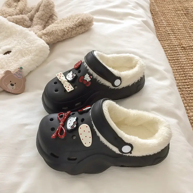 Croc Shoes Winter Fleece-Lined Removable Women's Autumn and Winter Girls' High Heels Cute Cross-Border Non-Slip Cotton Slippers Winter Fleece-Lined