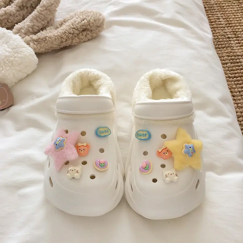 Croc Shoes Winter Fleece-Lined Removable Women's Autumn and Winter Girls' High Heels Cute Cross-Border Non-Slip Cotton Slippers Winter Fleece-Lined