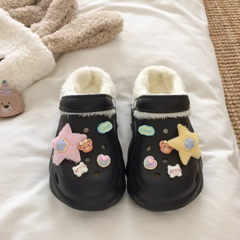 Croc Shoes Winter Fleece-Lined Removable Women's Autumn and Winter Girls' High Heels Cute Cross-Border Non-Slip Cotton Slippers Winter Fleece-Lined
