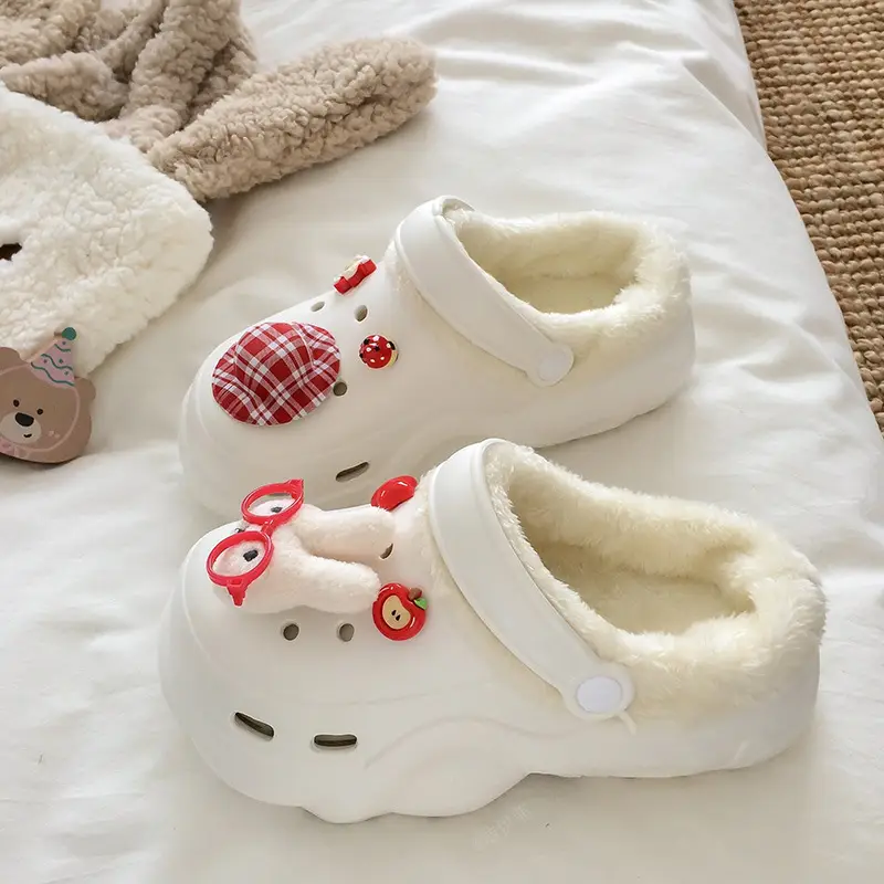 Croc Shoes Winter Fleece-Lined Removable Women's Autumn and Winter Girls' High Heels Cute Cross-Border Non-Slip Cotton Slippers Winter Fleece-Lined