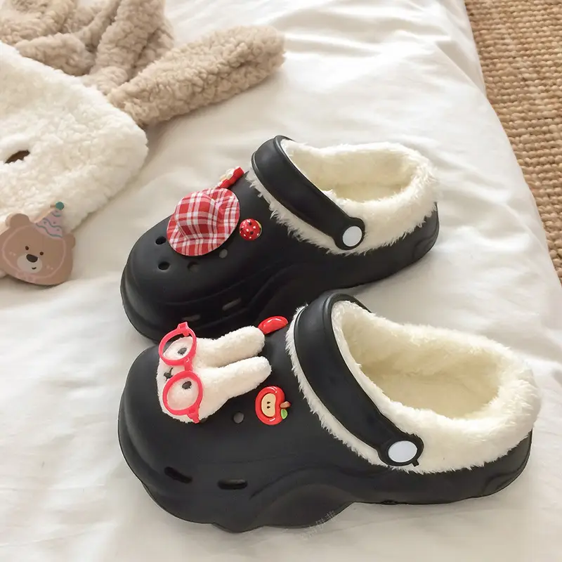 Croc Shoes Winter Fleece-Lined Removable Women's Autumn and Winter Girls' High Heels Cute Cross-Border Non-Slip Cotton Slippers Winter Fleece-Lined