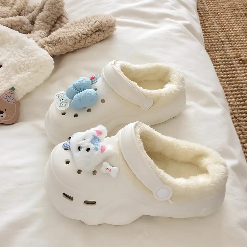 Croc Shoes Winter Fleece-Lined Removable Women's Autumn and Winter Girls' High Heels Cute Cross-Border Non-Slip Cotton Slippers Winter Fleece-Lined