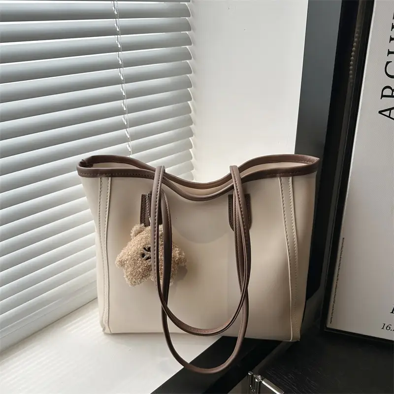 Korean Style Cream Tote Bag with Pom Pom Charm - Image 3