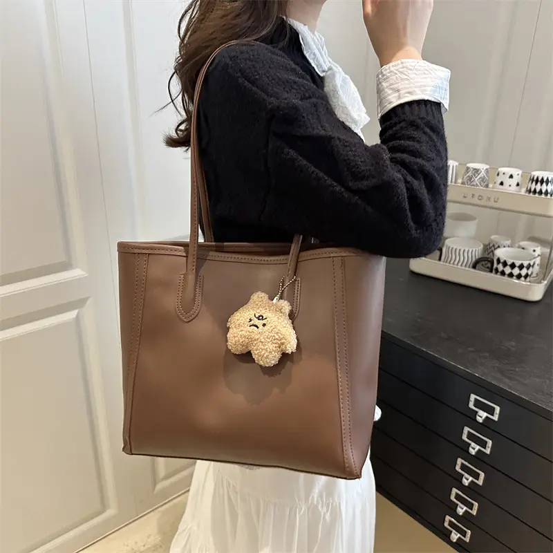 Korean Style Cream Tote Bag with Pom Pom Charm - Image 7