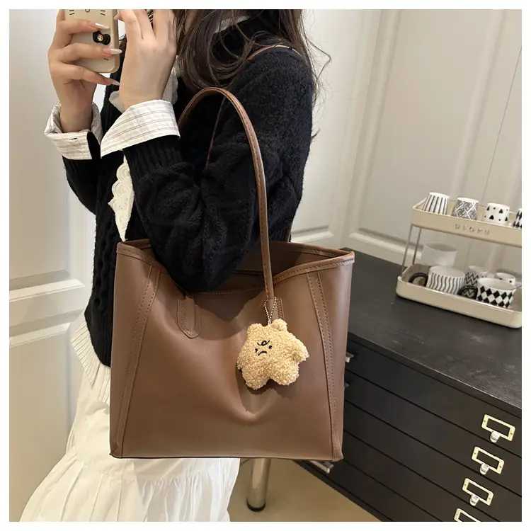 Korean Style Cream Tote Bag with Pom Pom Charm — feature 10