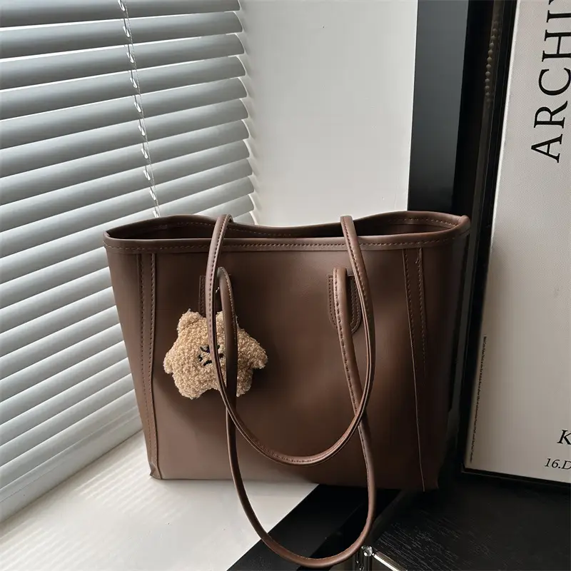 Korean Style Cream Tote Bag with Pom Pom Charm - Image 2