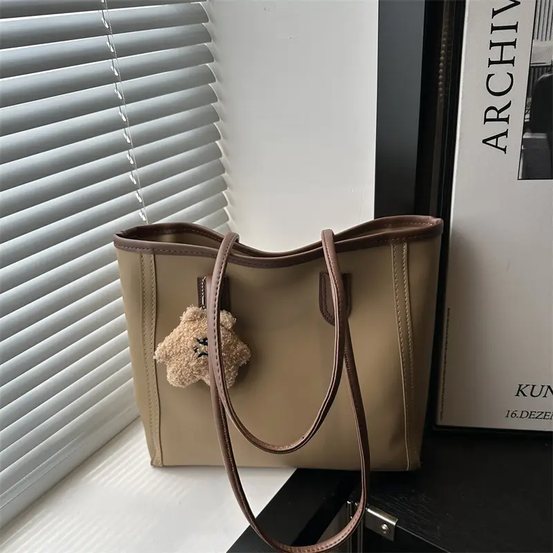Korean Style Cream Tote Bag with Pom Pom Charm - Image 4