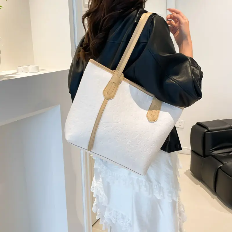 Women's White Textured Shoulder Bag with Green Handles - Image 7