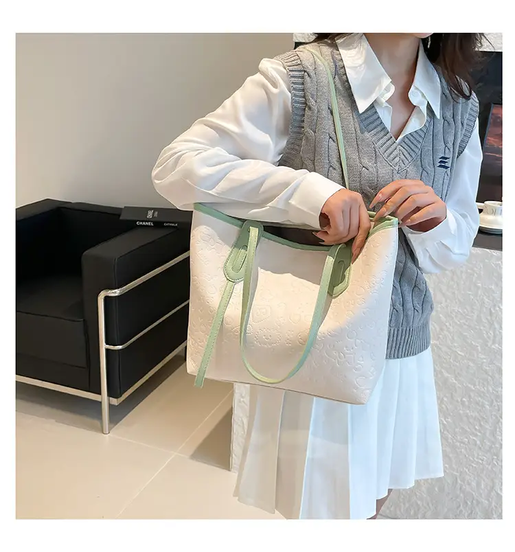 Women's White Textured Shoulder Bag with Green Handles — feature 10