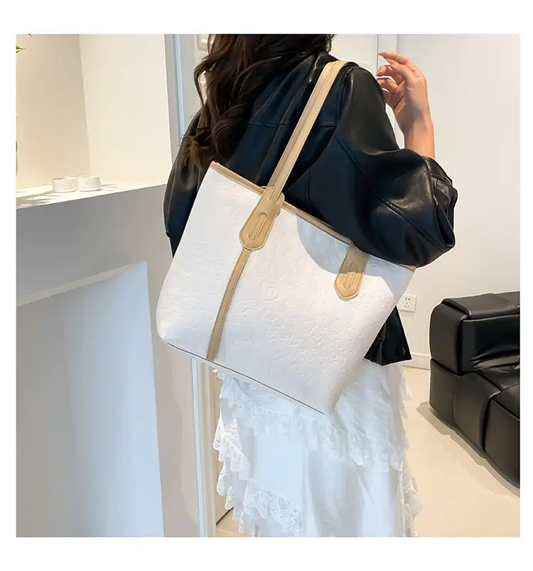 Women's White Textured Shoulder Bag with Green Handles — feature 11