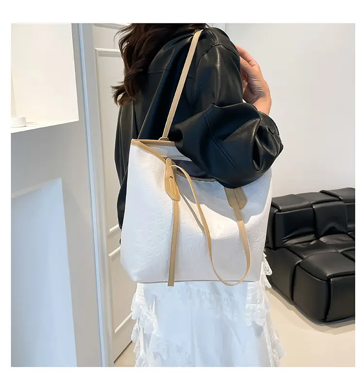 Women's White Textured Shoulder Bag with Green Handles — feature 13