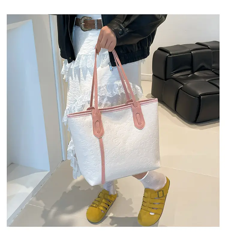 Women's White Textured Shoulder Bag with Green Handles — feature 15