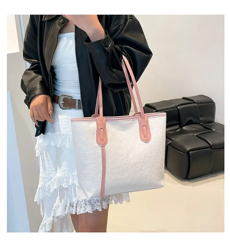 Women's White Textured Shoulder Bag with Green Handles — feature 16