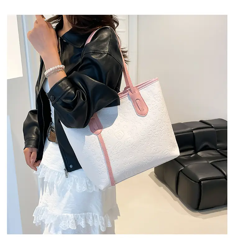 Women's White Textured Shoulder Bag with Green Handles — feature 17