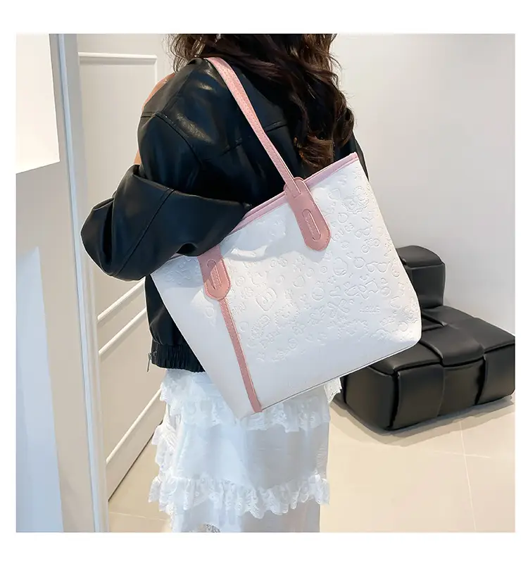 Women's White Textured Shoulder Bag with Green Handles — feature 18