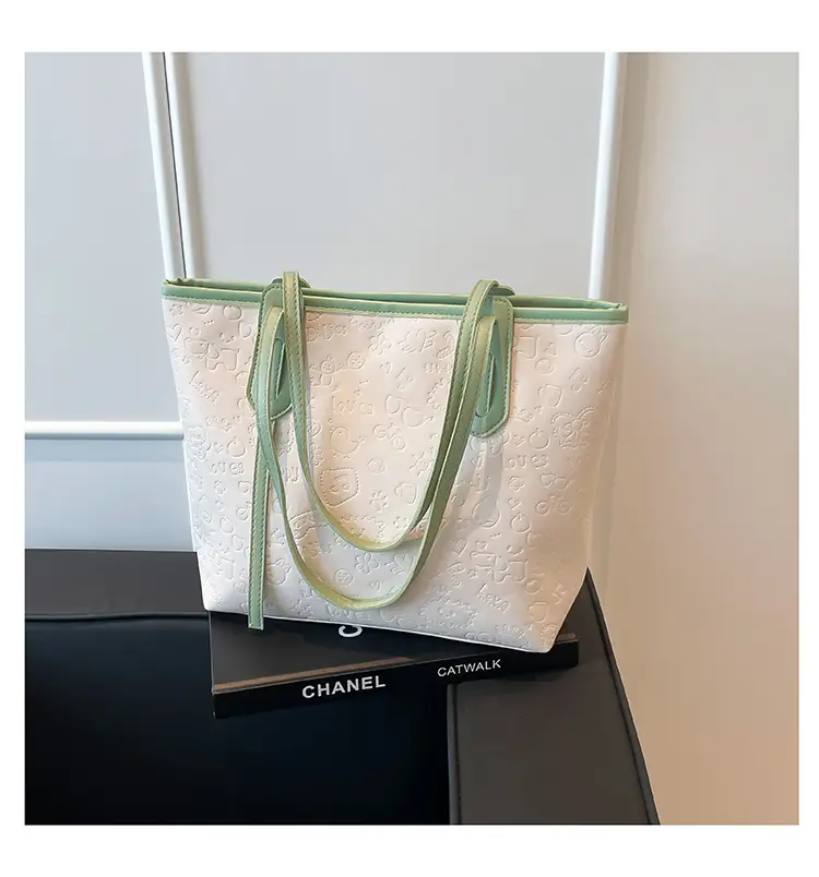 Women's White Textured Shoulder Bag with Green Handles — feature 21