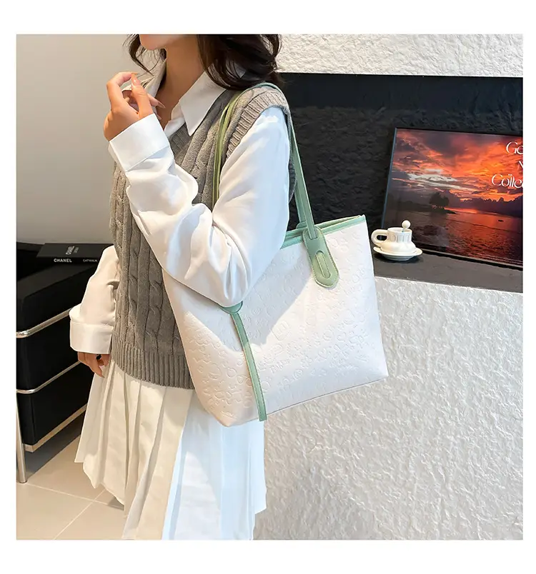 Women's White Textured Shoulder Bag with Green Handles — feature 8