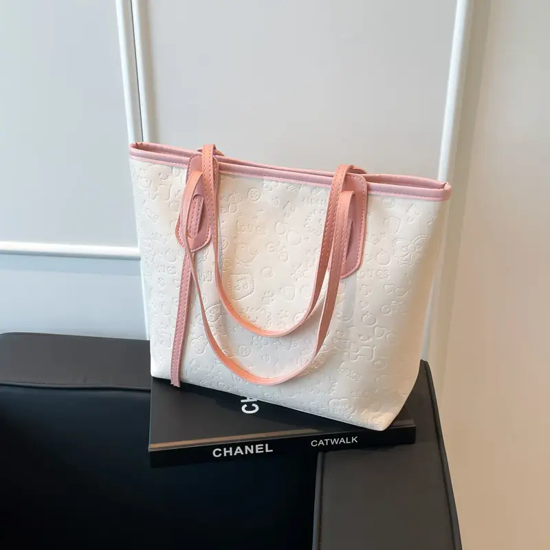 Women's White Textured Shoulder Bag with Green Handles - Image 2