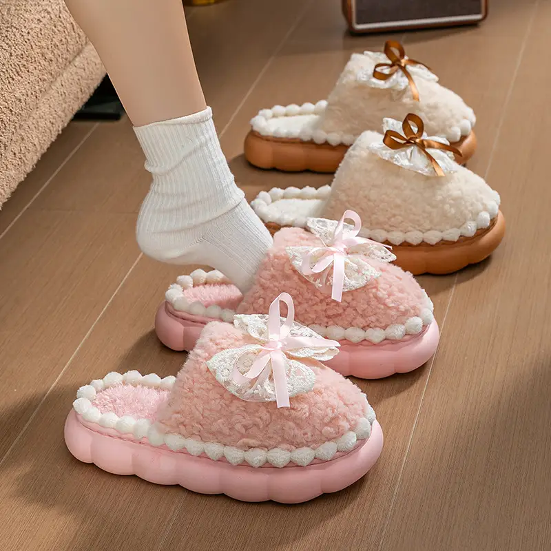 2025 New Autumn and Winter Furry Shoes for Home Indoor Warmth, Personalized Lace Cotton Slippers for Women, Non-Slip, Warm and Thickened - Image 7