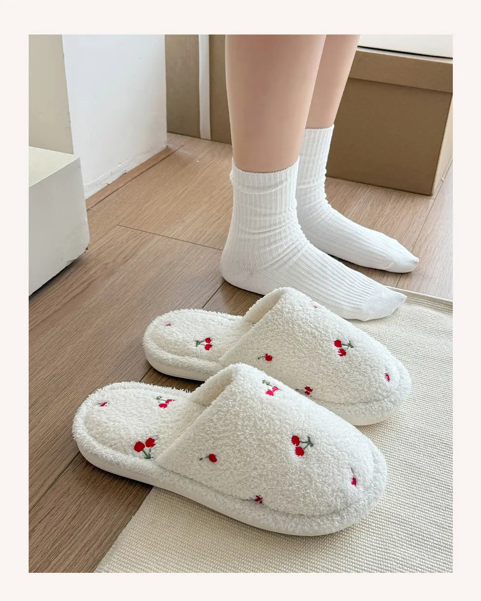 Cute Cherry Cotton Slippers for Women Autumn and Winter Plush Warm Home Indoor Ladies Home Non-Slip Floor Mop Wholesale — feature 13
