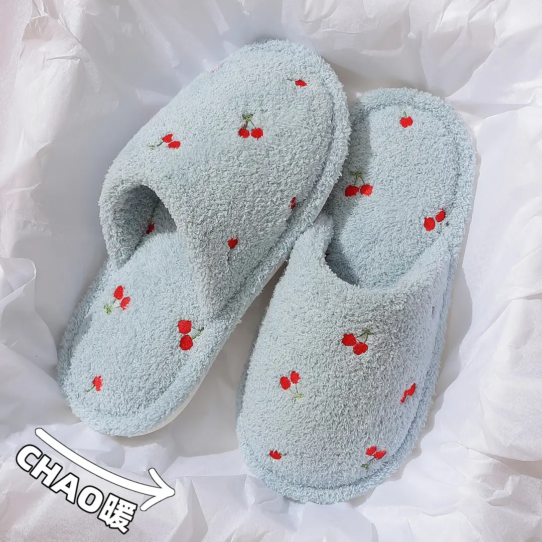 Cute Cherry Cotton Slippers for Women Autumn and Winter Plush Warm Home Indoor Ladies Home Non-Slip Floor Mop Wholesale