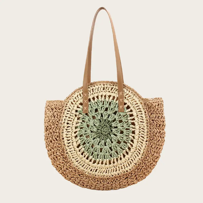 Women's Blue Center Hollow Straw Bag with Leather Handles