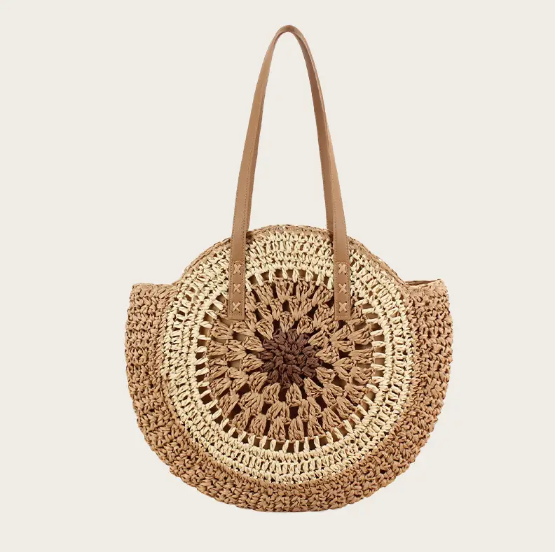 Women's Blue Center Hollow Straw Bag with Leather Handles