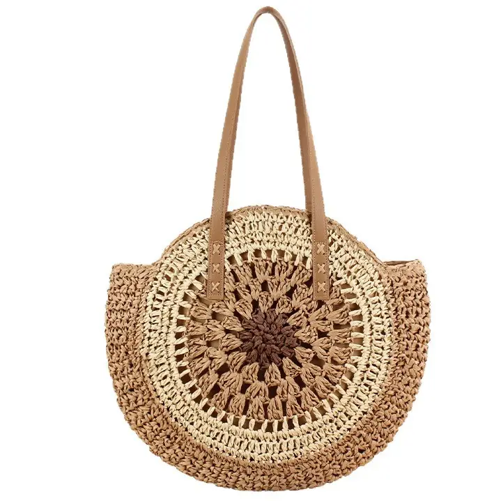 Women's Blue Center Hollow Straw Bag with Leather Handles