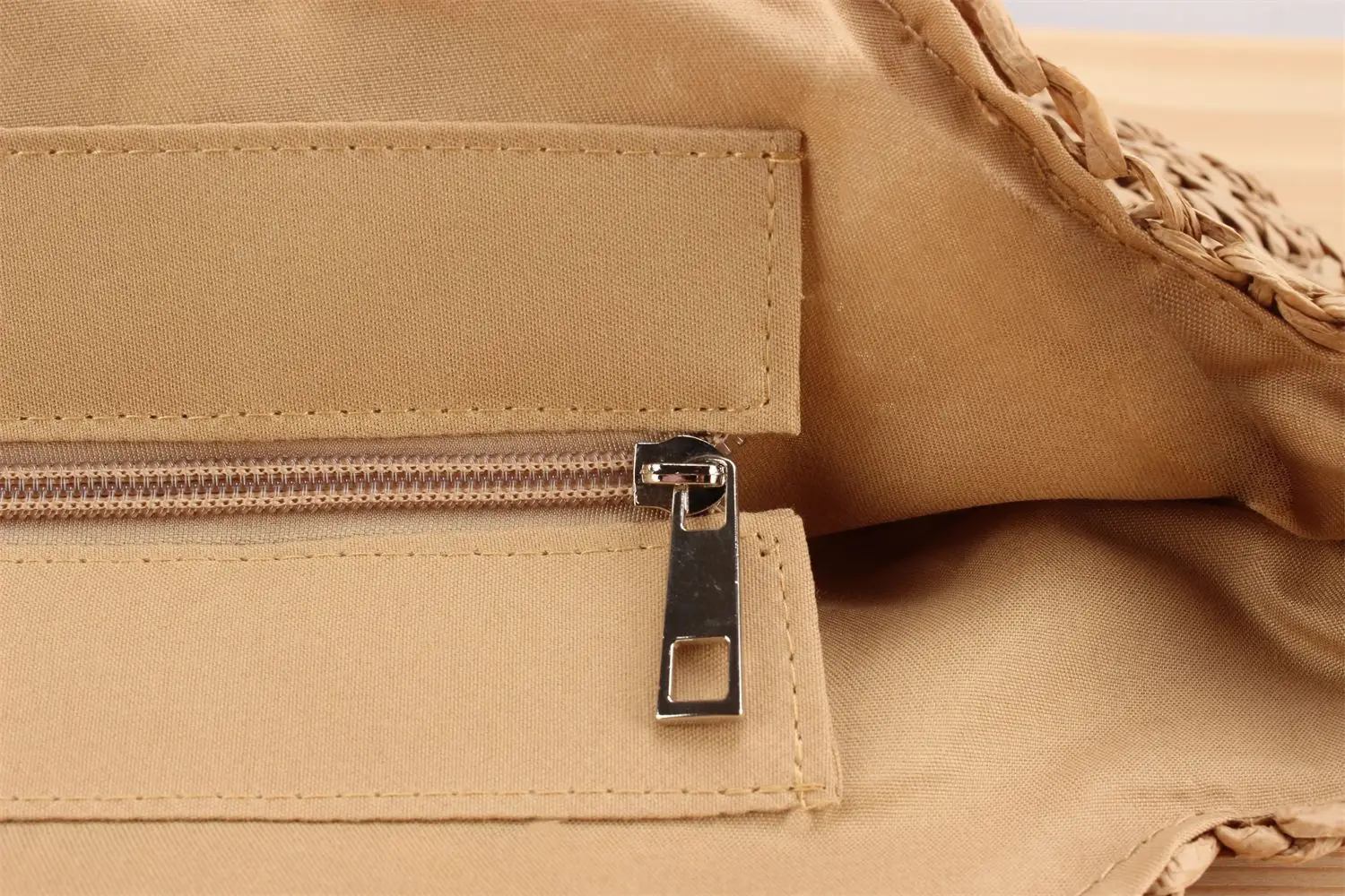 Women's Blue Center Hollow Straw Bag with Leather Handles — feature 11