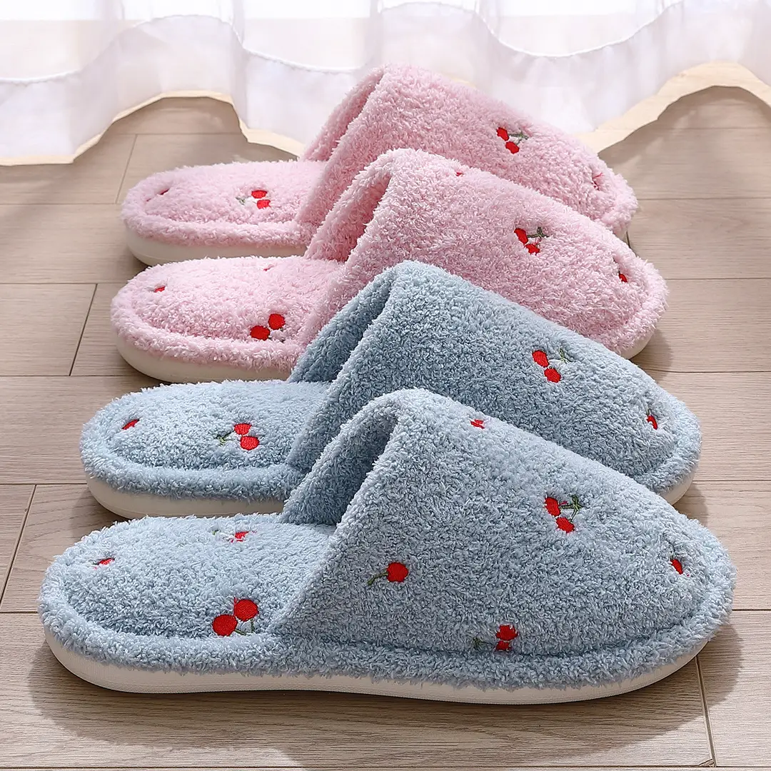 Cute Cherry Cotton Slippers for Women Autumn and Winter Plush Warm Home Indoor Ladies Home Non-Slip Floor Mop Wholesale