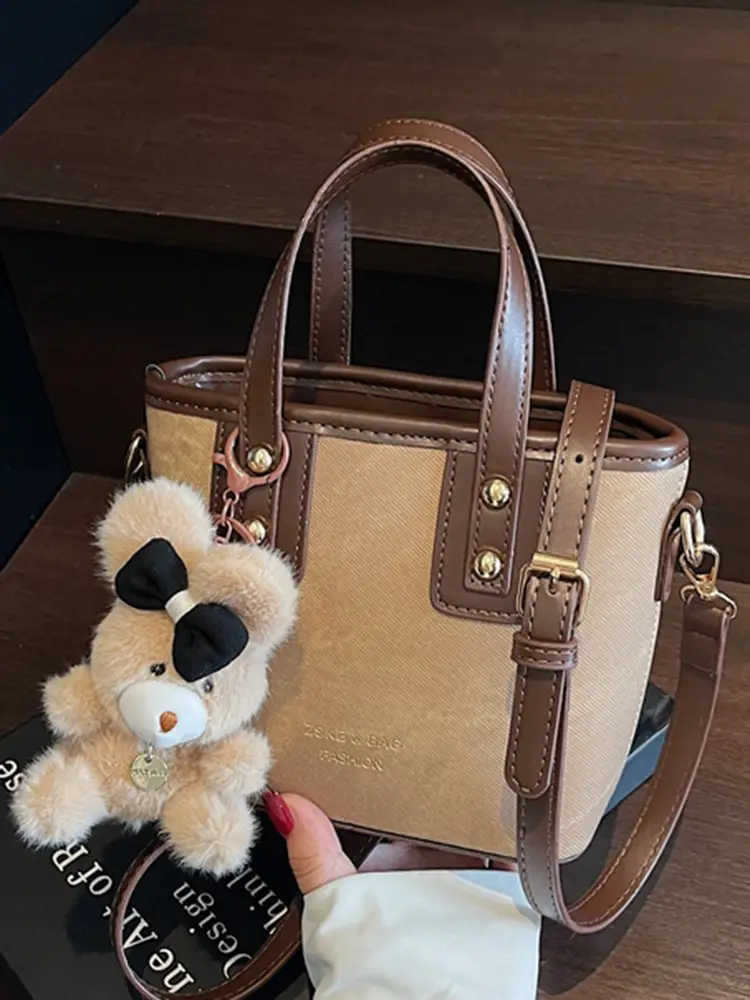 Women's Brown Leather Crossbody Bag with Teddy Bear Charm - Image 14