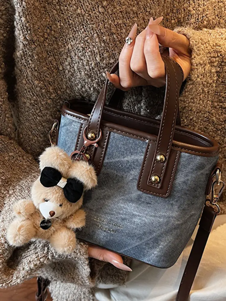 Women's Brown Leather Crossbody Bag with Teddy Bear Charm - Image 15