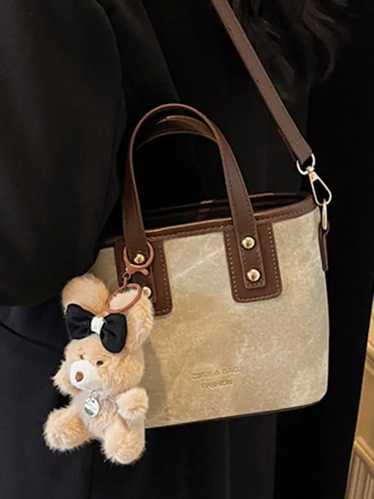Women's Brown Leather Crossbody Bag with Teddy Bear Charm - Image 16
