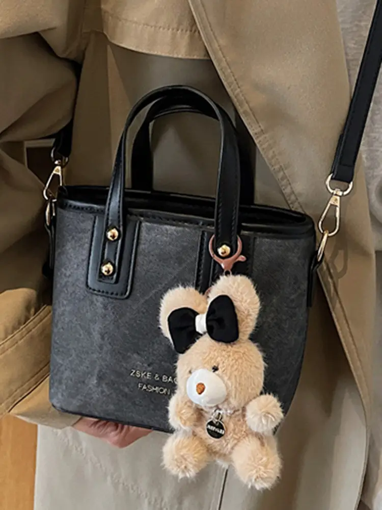 Women's Brown Leather Crossbody Bag with Teddy Bear Charm - Image 17