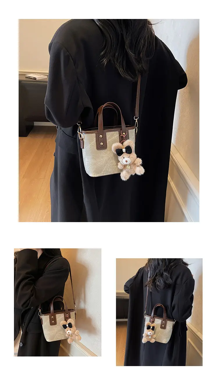 Women's Brown Leather Crossbody Bag with Teddy Bear Charm — feature 14