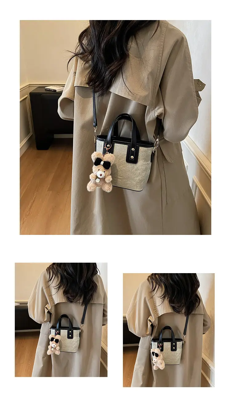 Women's Brown Leather Crossbody Bag with Teddy Bear Charm — feature 15