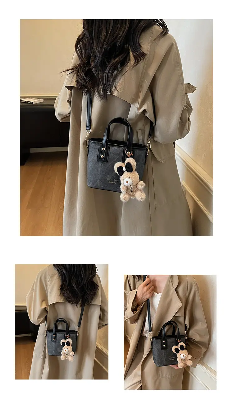 Women's Brown Leather Crossbody Bag with Teddy Bear Charm — feature 16