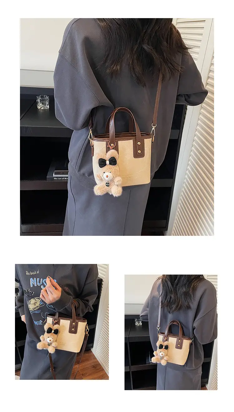 Women's Brown Leather Crossbody Bag with Teddy Bear Charm — feature 17