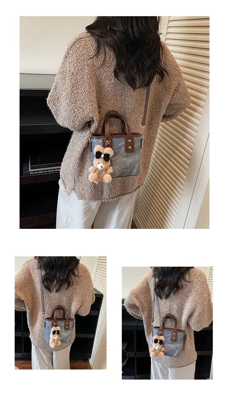 Women's Brown Leather Crossbody Bag with Teddy Bear Charm — feature 18