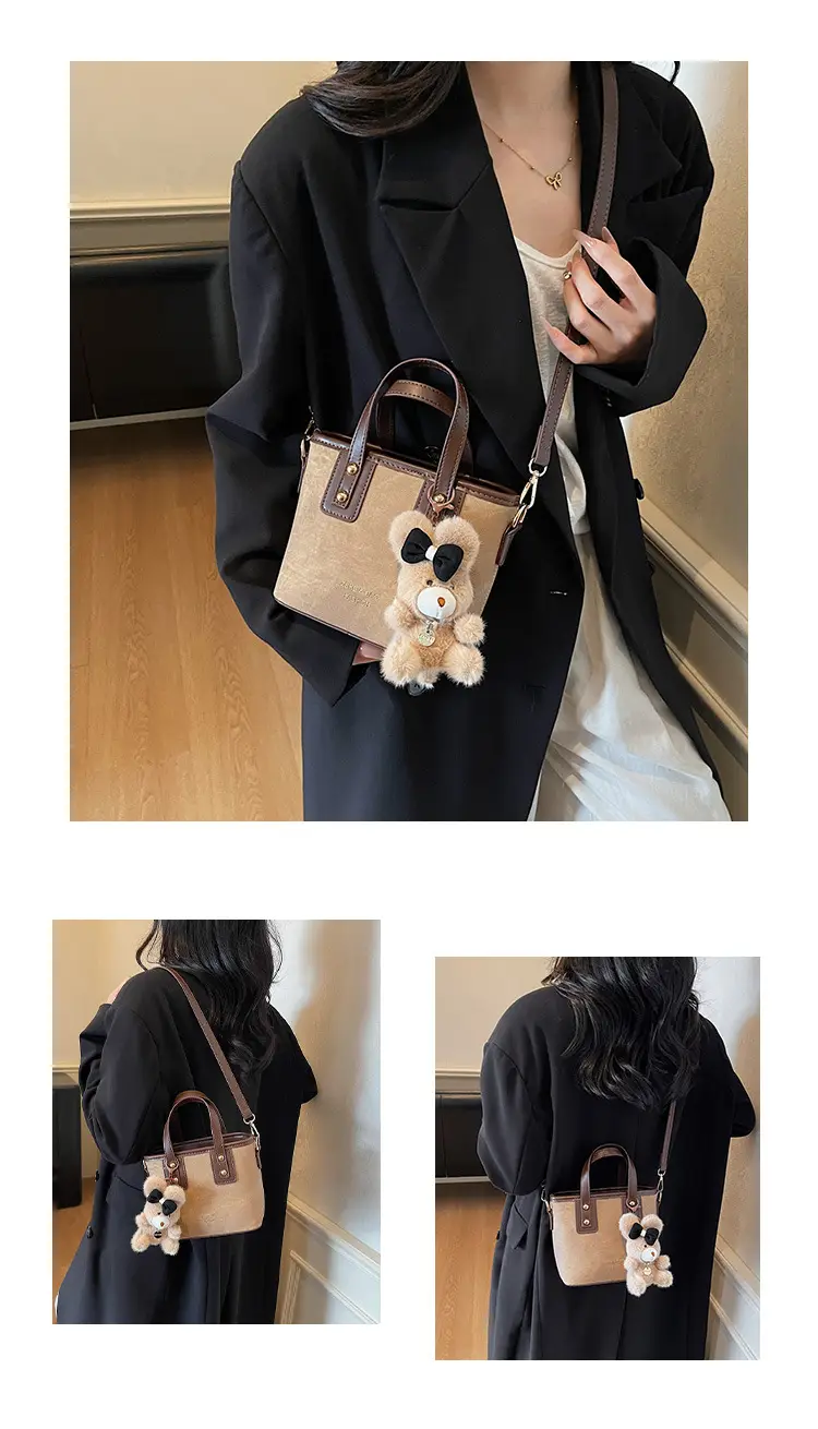 Women's Brown Leather Crossbody Bag with Teddy Bear Charm — feature 19