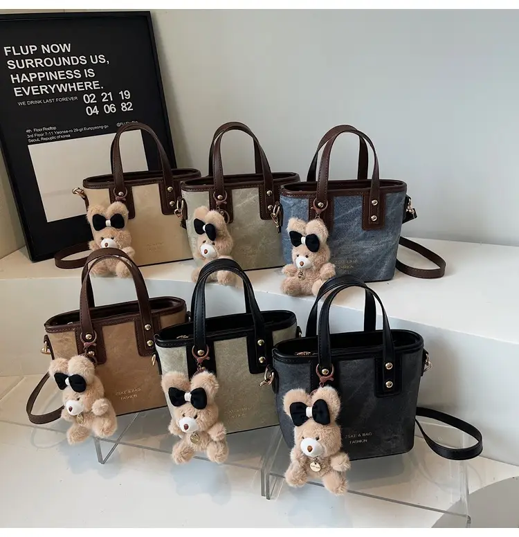 Women's Brown Leather Crossbody Bag with Teddy Bear Charm — feature 20