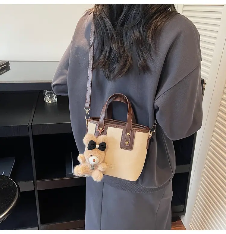 Women's Brown Leather Crossbody Bag with Teddy Bear Charm — feature 21