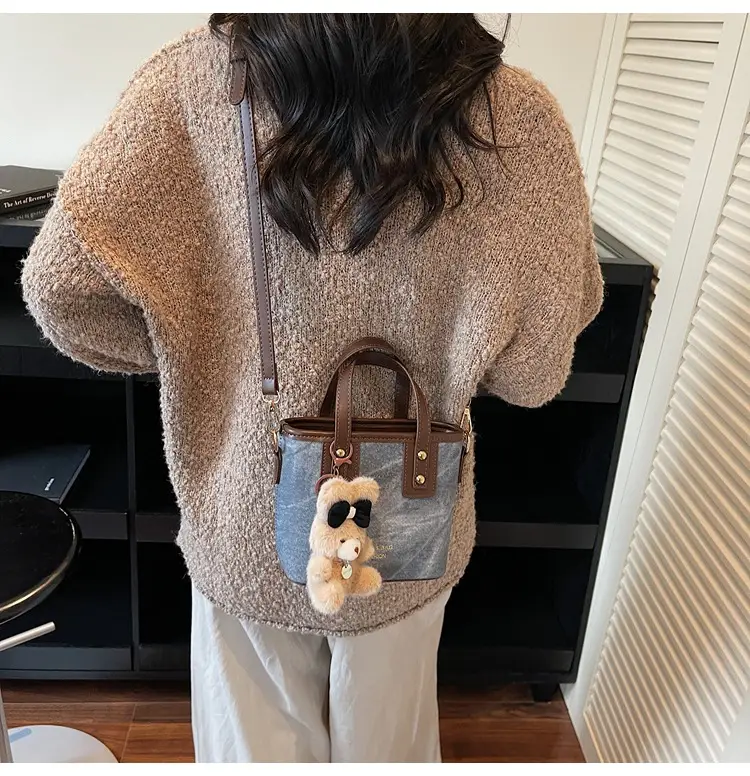 Women's Brown Leather Crossbody Bag with Teddy Bear Charm — feature 22