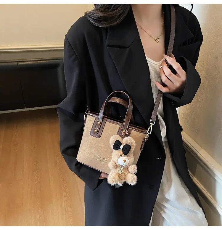 Women's Brown Leather Crossbody Bag with Teddy Bear Charm — feature 24