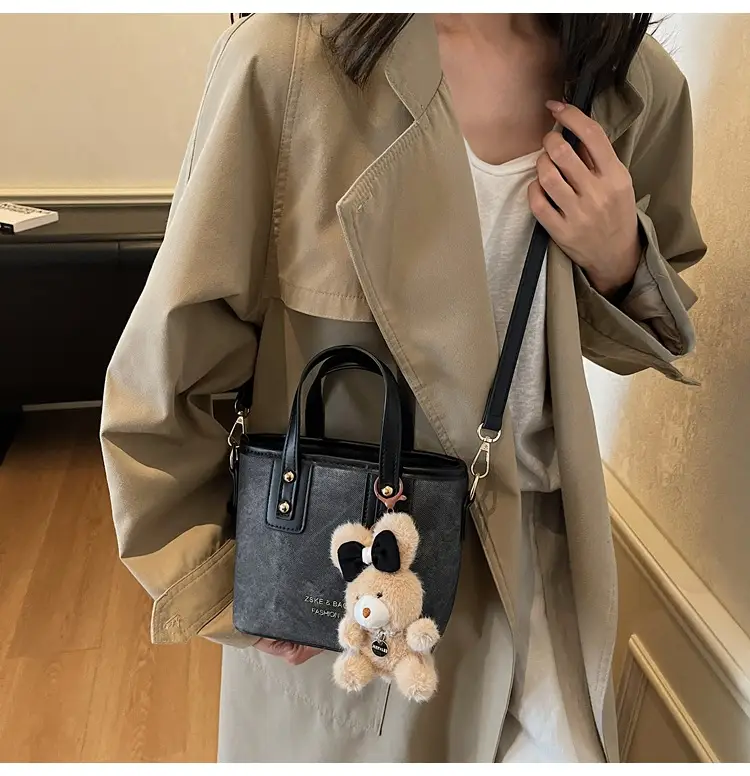 Women's Brown Leather Crossbody Bag with Teddy Bear Charm — feature 26