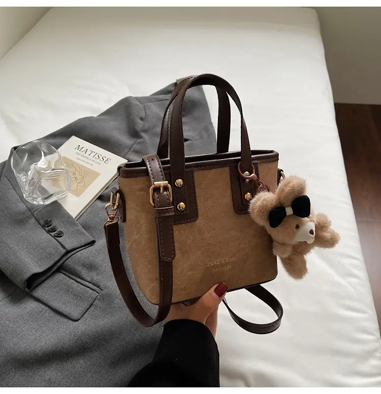 Women's Brown Leather Crossbody Bag with Teddy Bear Charm — feature 27